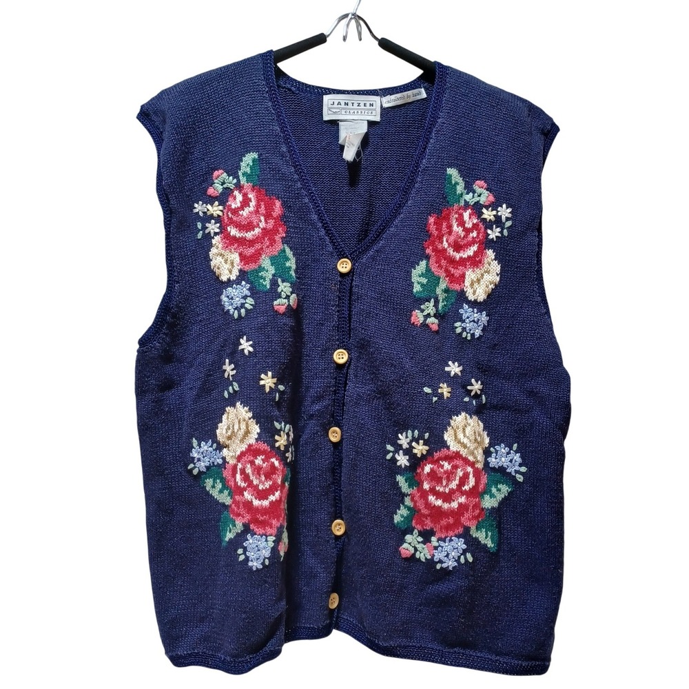 VTG Jantzen Sweater Vest Womens XL Navy Floral Embroidered Cottage Grannycore